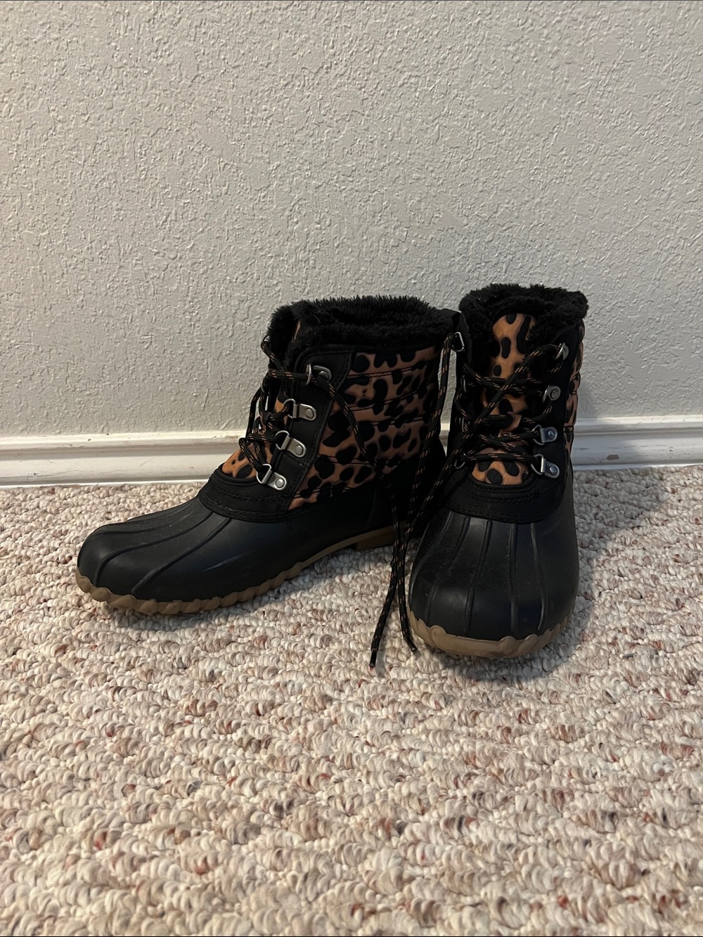 BareTraps Leopard-Print Lace-Up Winter Duck Boots - Black & Brown